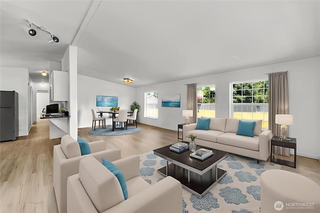 241B Foster Creek Rd, Toledo, WA 98591 - living area with lofted ceiling, light wood-style floors, and rail lighting