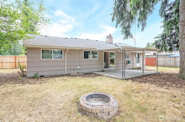 8618 94th St SW, Lakewood, WA 98498 - rear view of property with a patio area, a chimney, a fenced backyard, a shingled roof, and a fire pit