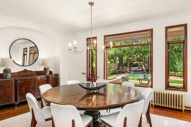 3103 Mount Rainier Dr S, Seattle, WA 98144 - dining space featuring radiator heating unit, wood finished floors, a chandelier, and ornamental molding