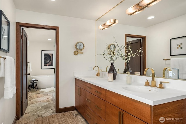 3103 Mount Rainier Dr S, Seattle, WA 98144 - full bath featuring double vanity, a soaking tub, and recessed lighting