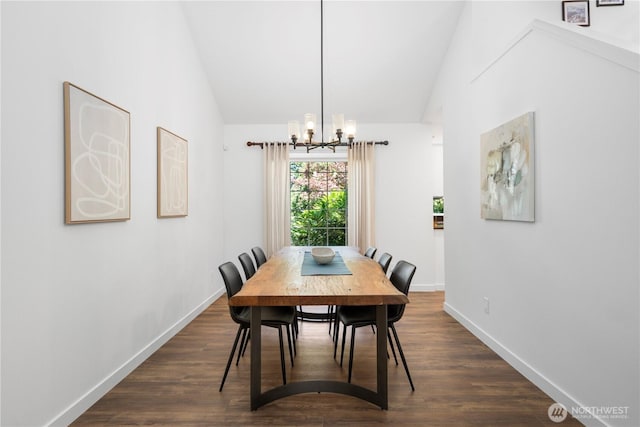 9220 NE 195th St, Bothell, WA 98011 - dining area with a chandelier, vaulted ceiling, and dark wood finished floors