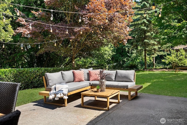 9220 NE 195th St, Bothell, WA 98011 - view of patio / terrace with an outdoor hangout area and view of scattered trees