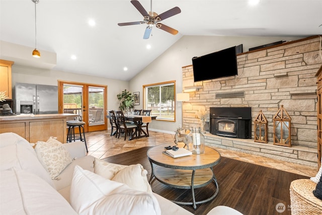 407 Leber St NE, Orting, WA 98360 - living area with ceiling fan, light wood finished floors, recessed lighting, and high vaulted ceiling