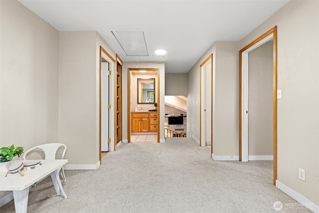 407 Leber St NE, Orting, WA 98360 - corridor featuring attic access and carpet flooring