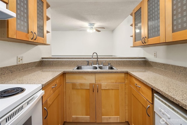 2506 S 317th St Unit 103, Federal Way, WA 98003 - kitchen with white appliances, ventilation hood, ceiling fan, a textured ceiling, and glass insert cabinets