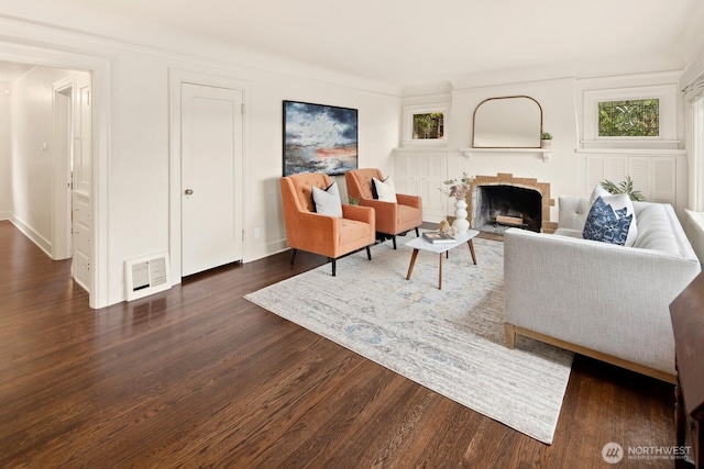 3106 NE 60th St, Seattle, WA 98115 - living room featuring dark wood-style floors and a fireplace with flush hearth