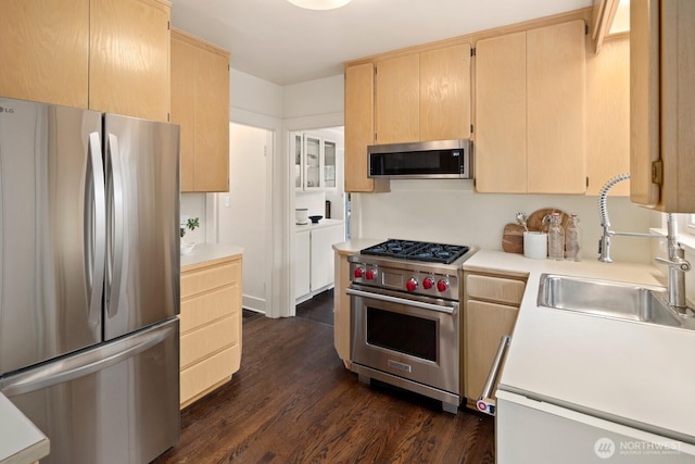 3106 NE 60th St, Seattle, WA 98115 - kitchen with stainless steel appliances, light brown cabinetry, light countertops, and dark wood-type flooring