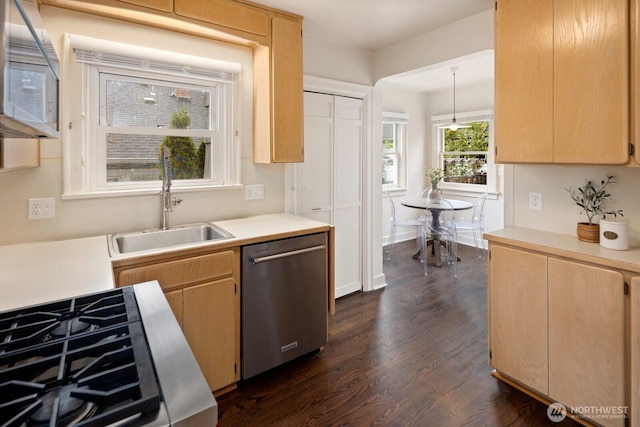 3106 NE 60th St, Seattle, WA 98115 - kitchen featuring stainless steel appliances, dark wood-style floors, light countertops, and light brown cabinetry
