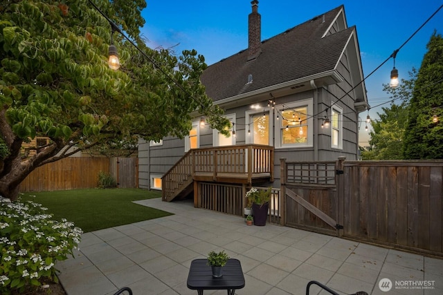 3106 NE 60th St, Seattle, WA 98115 - back of property featuring a gate, roof with shingles, a patio, and a chimney