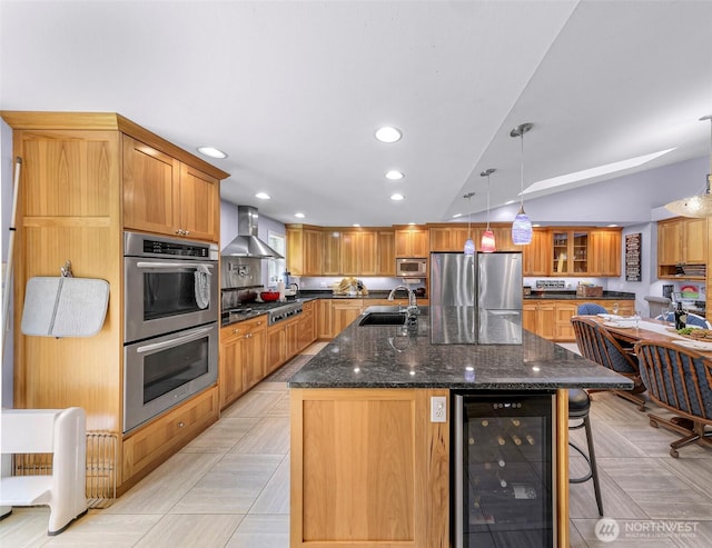 599 Loomis Trail Rd, Lynden, WA 98264 - kitchen with stainless steel appliances, wine cooler, wall chimney range hood, lofted ceiling, and a breakfast bar