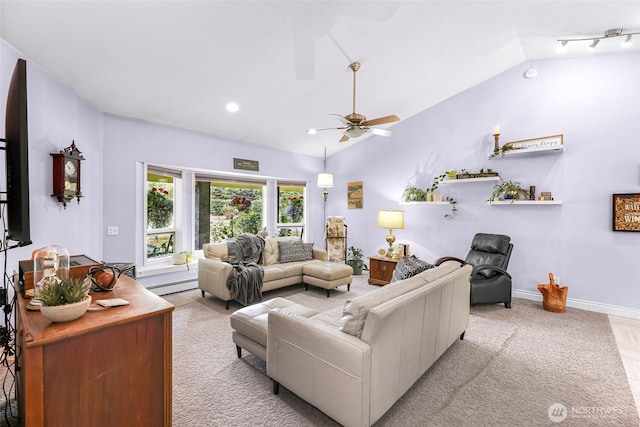599 Loomis Trail Rd, Lynden, WA 98264 - living room with lofted ceiling, baseboard heating, light colored carpet, a ceiling fan, and recessed lighting