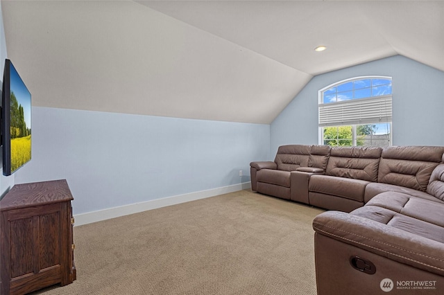218 Lilly Ln, Mount Vernon, WA 98274 - living room featuring lofted ceiling, light carpet, and recessed lighting