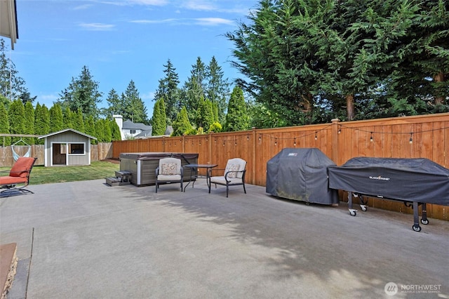 218 Lilly Ln, Mount Vernon, WA 98274 - fenced backyard with a patio, an outdoor structure, area for grilling, and a hot tub