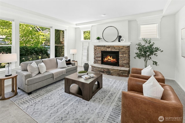 3419 NE Meadow Way, Issaquah, WA 98029 - carpeted living area with a fireplace and baseboards