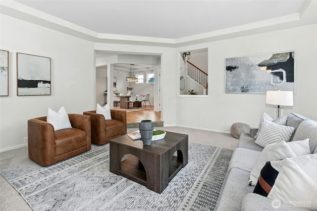 3419 NE Meadow Way, Issaquah, WA 98029 - carpeted living area featuring stairway and baseboards
