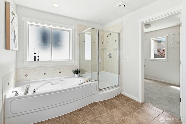 3419 NE Meadow Way, Issaquah, WA 98029 - full bath with a garden tub, a stall shower, tile patterned flooring, and recessed lighting