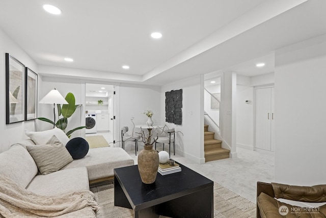 4043 55th Ave SW, Seattle, WA 98116 - living room featuring washer / clothes dryer, recessed lighting, stairway, and carpet