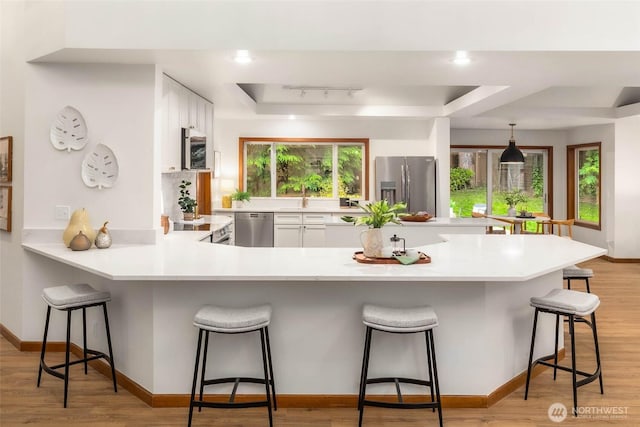 12407 Upper Preston Rd SE, Issaquah, WA 98027 - kitchen with a tray ceiling, appliances with stainless steel finishes, a peninsula, a kitchen breakfast bar, and light countertops