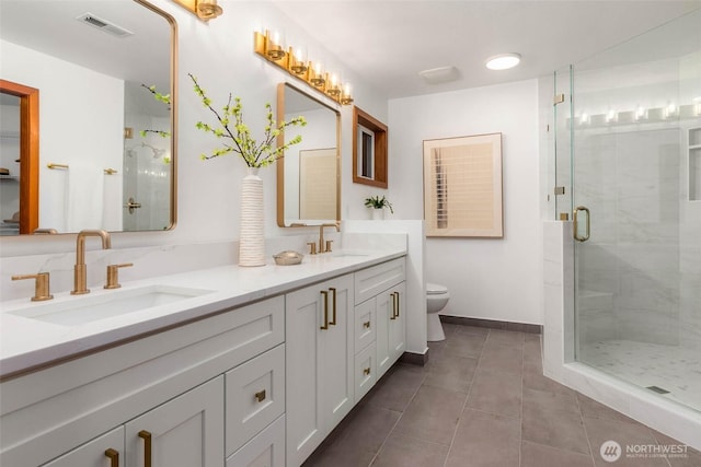 12407 Upper Preston Rd SE, Issaquah, WA 98027 - bathroom featuring double vanity, a shower stall, and tile patterned flooring
