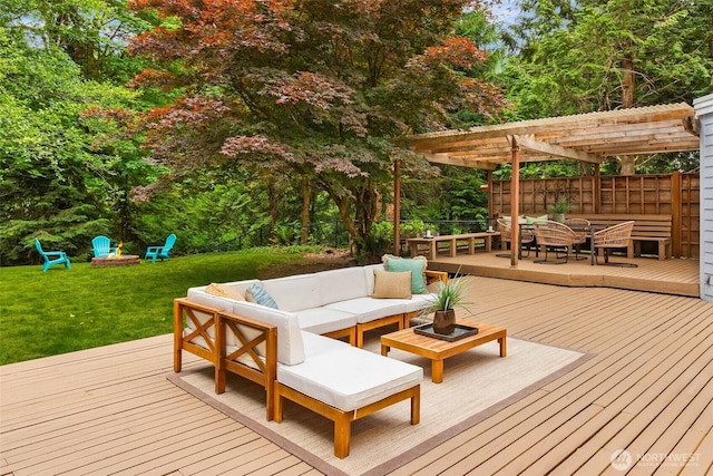12407 Upper Preston Rd SE, Issaquah, WA 98027 - wooden deck featuring a pergola, a fenced backyard, an outdoor living space with a fire pit, and outdoor dining space