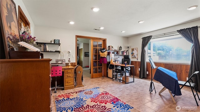 87 Sullivan Pl, Walla Walla, WA 99362 - office with recessed lighting, wainscoting, french doors, tile patterned floors, and wood walls