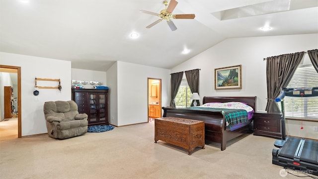87 Sullivan Pl, Walla Walla, WA 99362 - carpeted bedroom featuring lofted ceiling, ceiling fan, connected bathroom, and recessed lighting