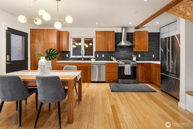 3659 Whitman Ave N, Seattle, WA 98103 - kitchen featuring appliances with stainless steel finishes, wall chimney range hood, brown cabinetry, light countertops, and tasteful backsplash