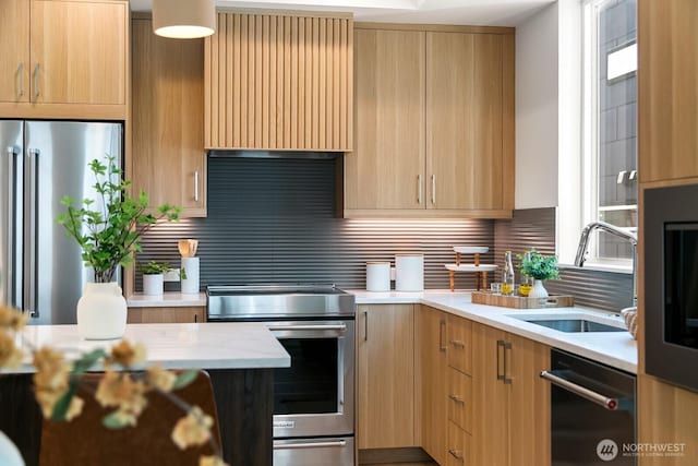 1746A NW 62nd St, Seattle, WA 98107 - kitchen featuring appliances with stainless steel finishes, modern cabinets, and decorative backsplash