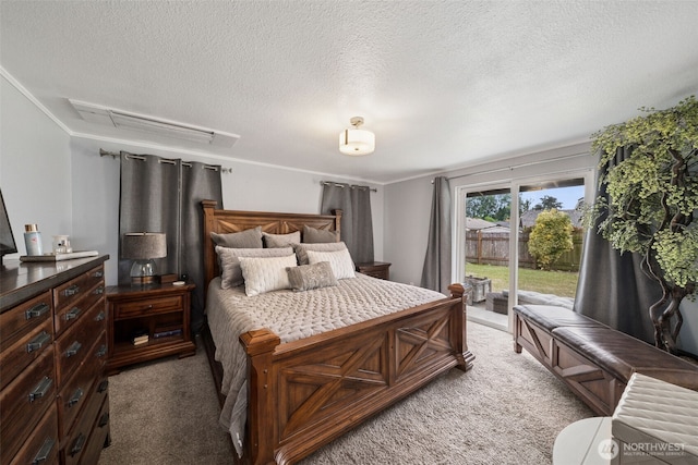 2010 Tacoma Rd, Puyallup, WA 98371 - bedroom featuring light carpet, access to outside, a textured ceiling, and crown molding