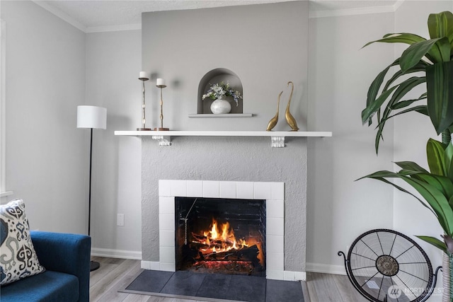 4840 E B St, Tacoma, WA 98404 - detailed view of a fireplace, wood finished floors, and crown molding