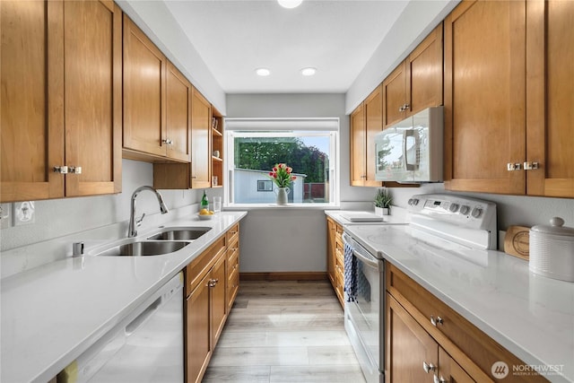 4840 E B St, Tacoma, WA 98404 - kitchen featuring white appliances, brown cabinets, light countertops, recessed lighting, and open shelves