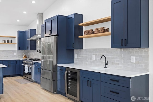 2403 E Hemmi Rd, Bellingham, WA 98226 - kitchen featuring open shelves, appliances with stainless steel finishes, wine cooler, wall chimney exhaust hood, and blue cabinets