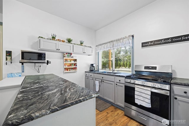 2403 E Hemmi Rd, Bellingham, WA 98226 - kitchen with appliances with stainless steel finishes, light wood-style flooring, and dark stone counters