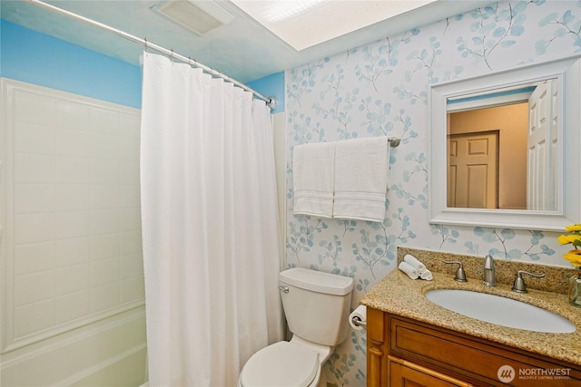 5428 172nd St SW, Lynnwood, WA 98037 - bathroom featuring wallpapered walls, vanity, and shower / tub combo