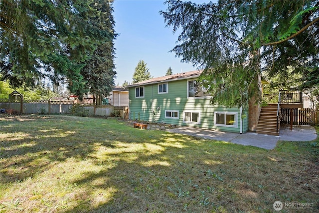 5428 172nd St SW, Lynnwood, WA 98037 - back of house featuring stairs, a patio, a fenced backyard, and a wooden deck