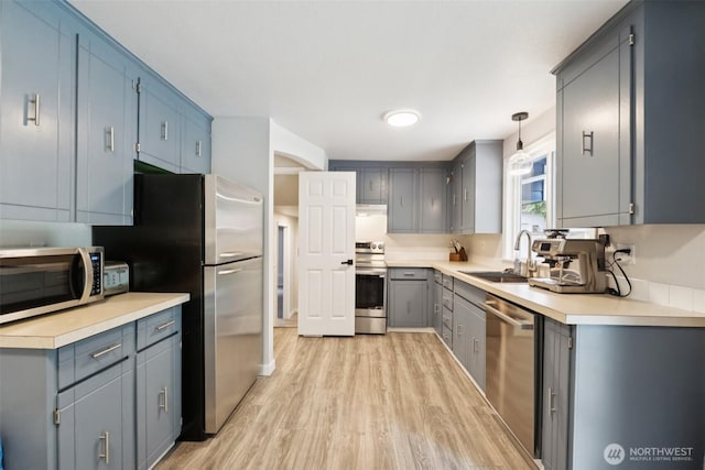 5502 82nd Street Ct E, Puyallup, WA 98371 - kitchen featuring stainless steel appliances, light wood-type flooring, light countertops, and gray cabinets