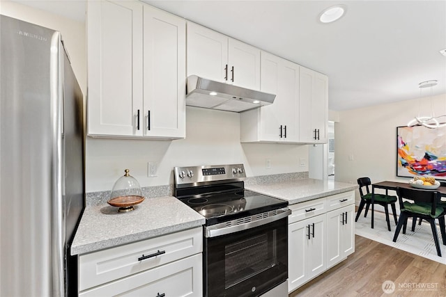 22720 90th Ave W, Edmonds, WA 98026 - kitchen featuring stainless steel appliances, under cabinet range hood, white cabinetry, and light wood-style floors