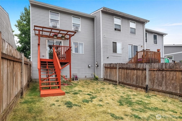 1222 Cora St SE, Lacey, WA 98503 - rear view of house featuring a fenced backyard, stairway, a deck, a pergola, and cooling unit