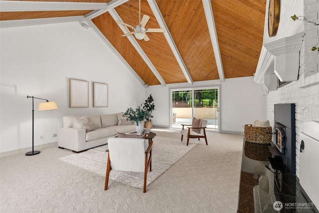 3322 Pacific Way, Longview, WA 98632 - carpeted living area with high vaulted ceiling, beamed ceiling, a ceiling fan, and a fireplace