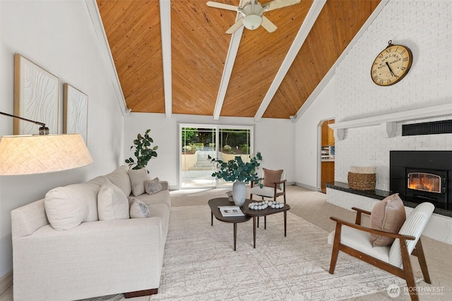 3322 Pacific Way, Longview, WA 98632 - living area with high vaulted ceiling, ceiling fan, a fireplace, a wooden ceiling with exposed beams, and light carpet
