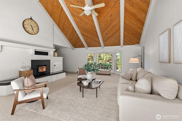 3322 Pacific Way, Longview, WA 98632 - carpeted living room with high vaulted ceiling, a large fireplace, a ceiling fan, and a wood ceiling with exposed beams