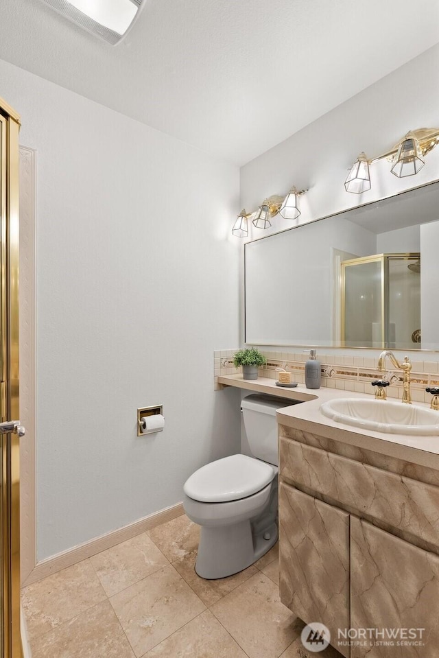 3322 Pacific Way, Longview, WA 98632 - bathroom featuring vanity, a stall shower, backsplash, and tile patterned floors