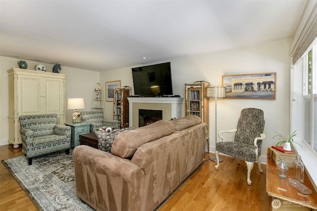 22910 90th Ave W Unit C103, Edmonds, WA 98026 - living area with light wood-style flooring, a fireplace, and recessed lighting