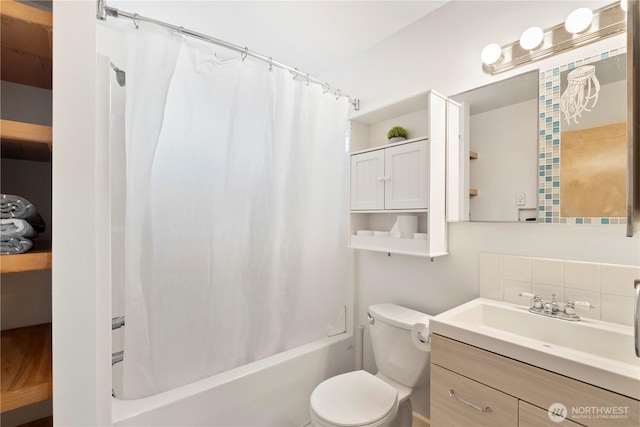 1625 Lincoln St, Bellingham, WA 98229 - bathroom with vanity, decorative backsplash, and shower / tub combo