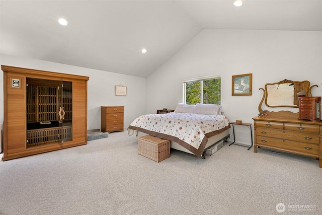 8894 Giles Rd, Blaine, WA 98230 - bedroom with carpet, vaulted ceiling, and recessed lighting