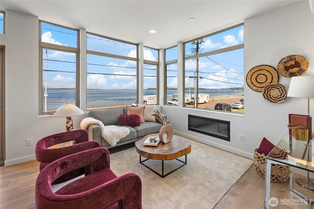 1706 Alki Ave SW Unit A, Seattle, WA 98116 - living area with wood finished floors, healthy amount of natural light, a water view, a glass covered fireplace, and a wall of windows
