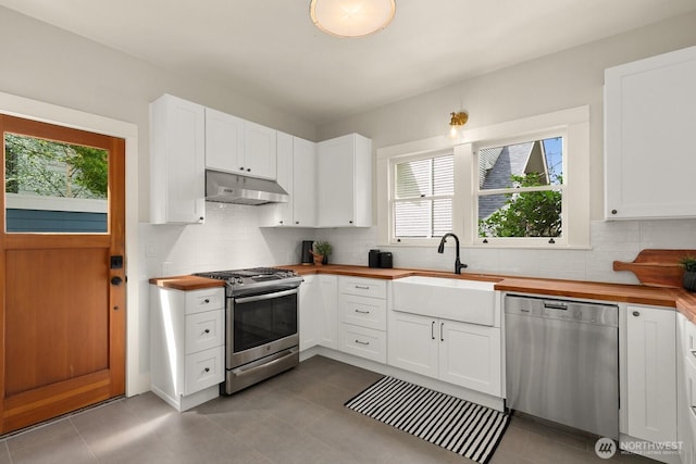 109 E Roanoke St, Seattle, WA 98102 - kitchen featuring stainless steel appliances, butcher block countertops, under cabinet range hood, and healthy amount of natural light