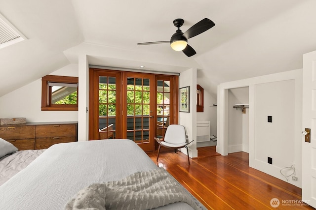 109 E Roanoke St, Seattle, WA 98102 - bedroom featuring access to outside, wood finished floors, lofted ceiling, and a ceiling fan