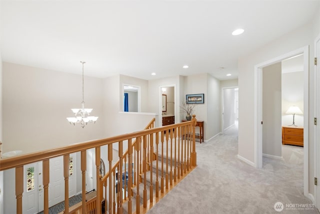 1402 Langara Cir, Bellingham, WA 98229 - corridor with an upstairs landing, a chandelier, carpet floors, and recessed lighting