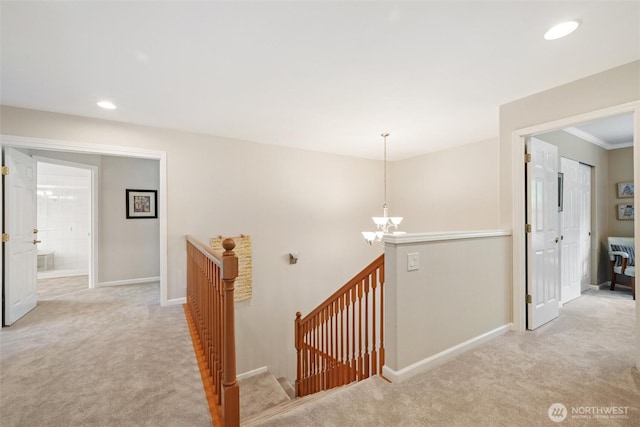1402 Langara Cir, Bellingham, WA 98229 - corridor with an upstairs landing, carpet flooring, a chandelier, and recessed lighting